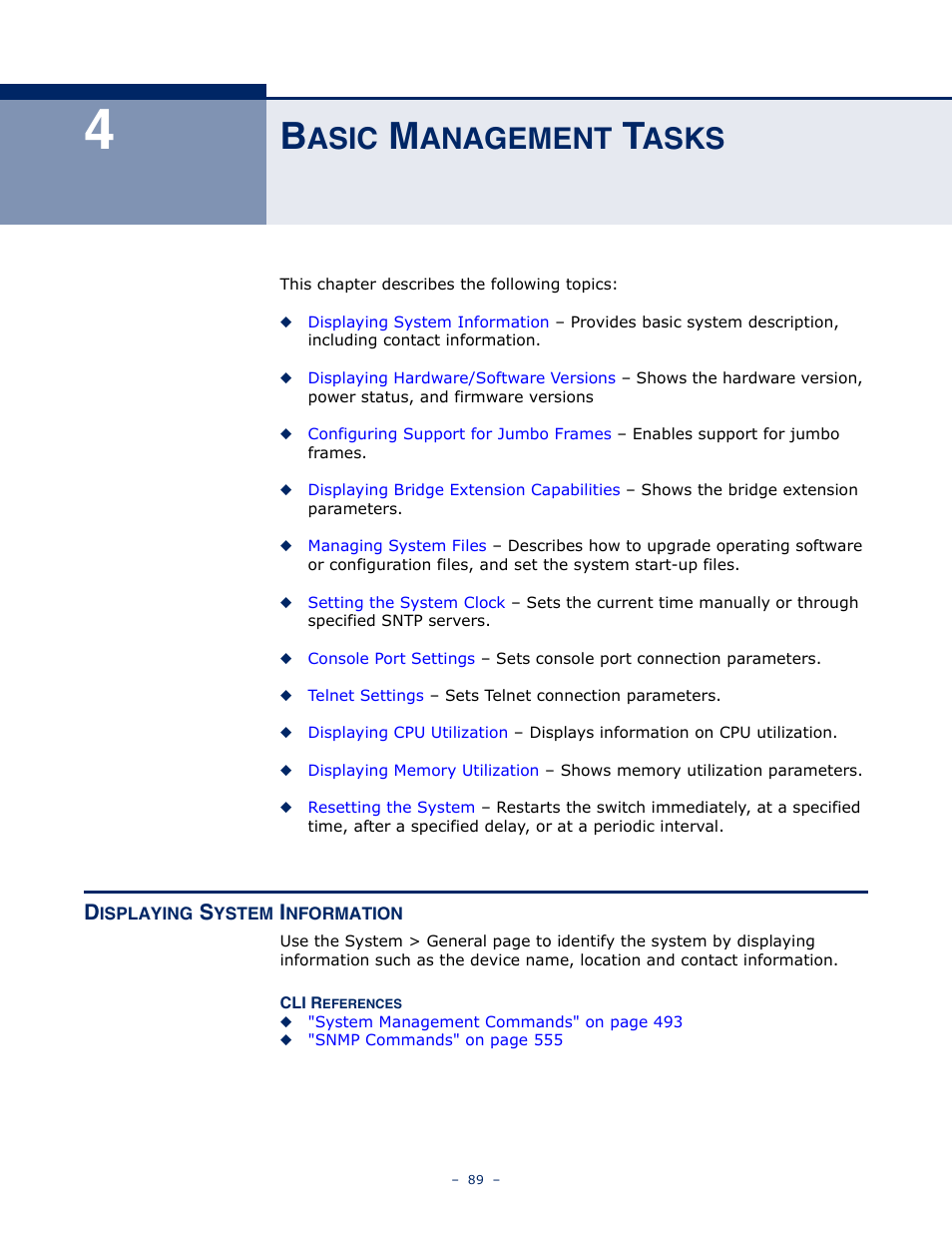 Basic management tasks, Displaying system information, Asic | Anagement, Asks | Microsens MS453490M Management Guide User Manual | Page 89 / 984