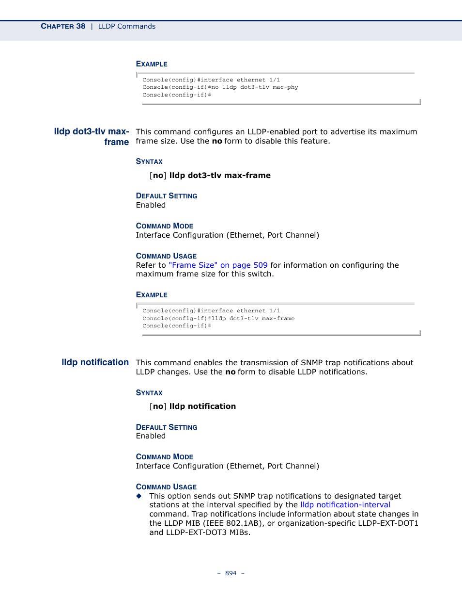 Lldp dot3-tlv max-frame, Lldp notification, Lldp dot3-tlv max | Frame, Lldp dot3-tlv max- frame | Microsens MS453490M Management Guide User Manual | Page 894 / 984