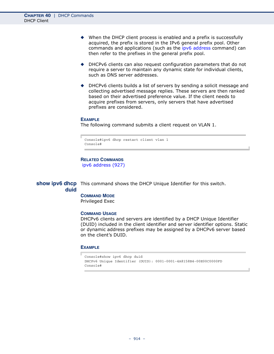 Show ipv6 dhcp duid | Microsens MS453490M Management Guide User Manual | Page 914 / 984