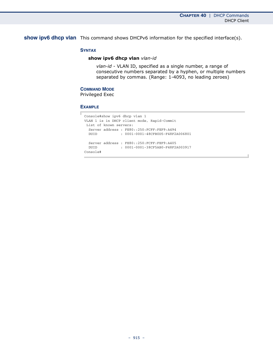 Show ipv6 dhcp vlan | Microsens MS453490M Management Guide User Manual | Page 915 / 984