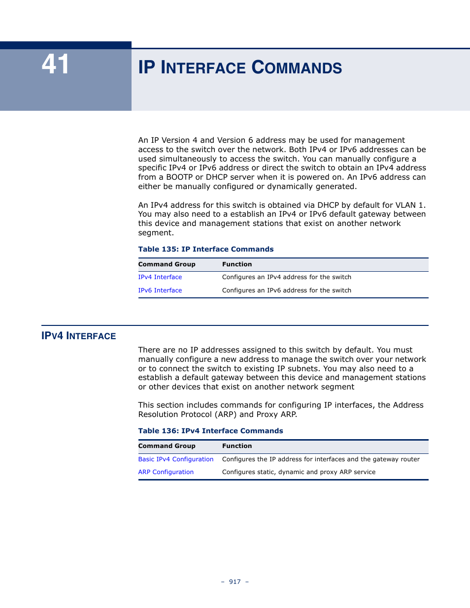 Ip interface commands, Ipv4 interface, 41 ip i | Nterface, Ommands, Table 135: ip interface commands, Table 136: ipv4 interface commands, Ip i | Microsens MS453490M Management Guide User Manual | Page 917 / 984