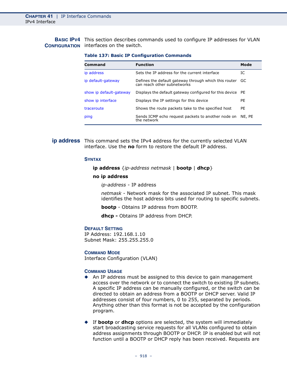 Basic ipv4 configuration, Ip address, Table 137: basic ip configuration commands | Address, Ip address (918) | Microsens MS453490M Management Guide User Manual | Page 918 / 984