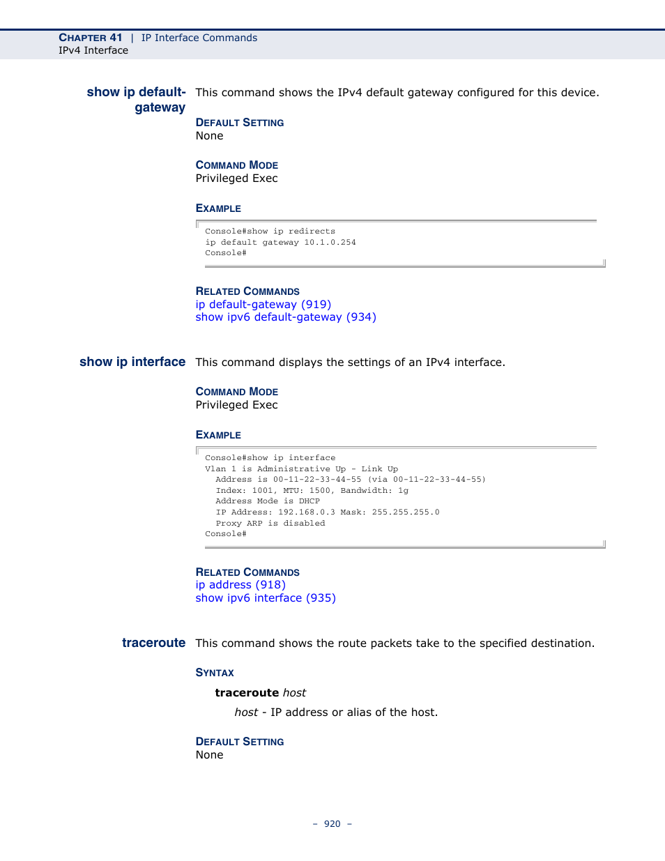 Show ip default-gateway, Show ip interface, Traceroute 920 | Show ip, Traceroute, Show ip default- gateway | Microsens MS453490M Management Guide User Manual | Page 920 / 984