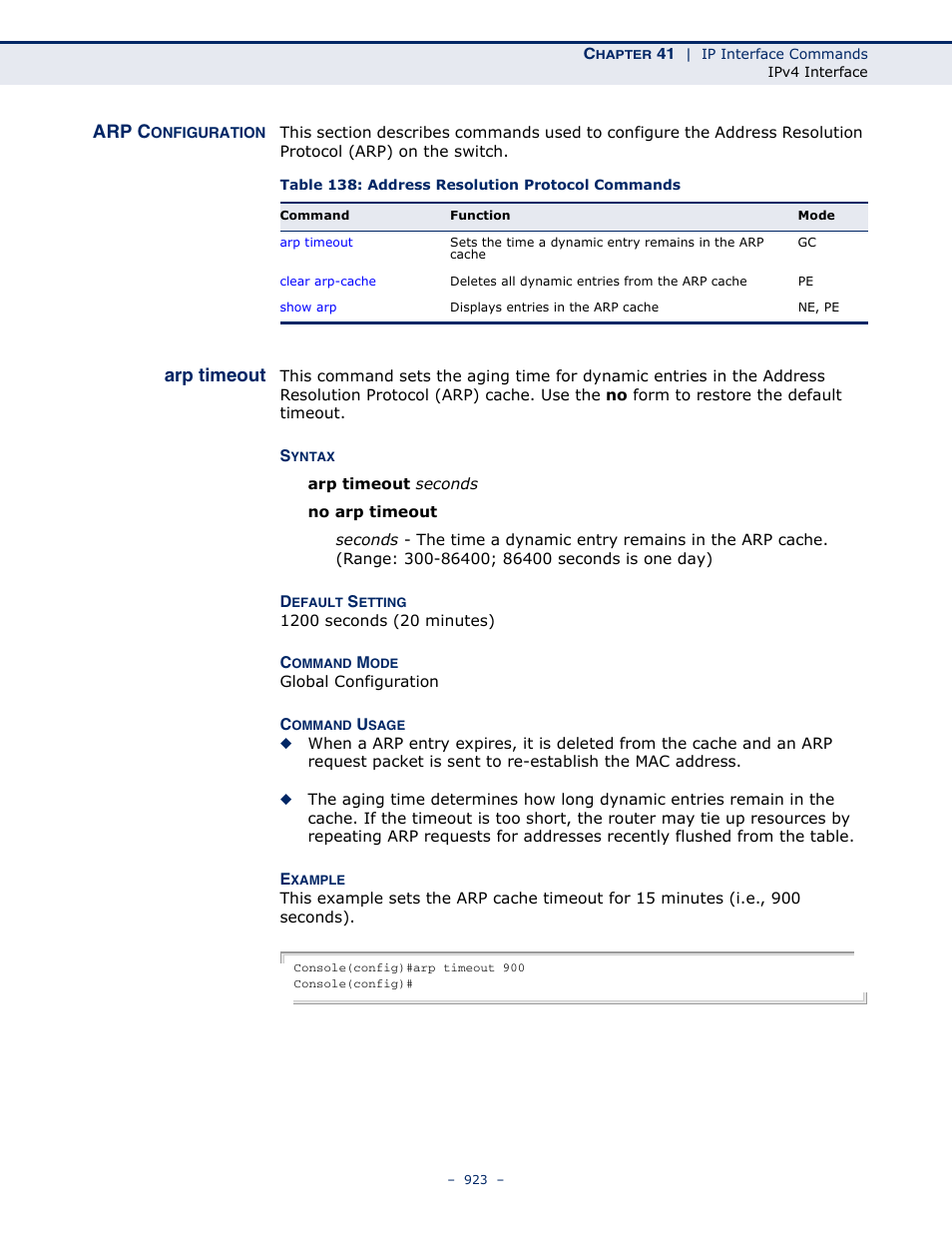 Arp configuration, Arp timeout, Table 138: address resolution protocol commands | Arp c | Microsens MS453490M Management Guide User Manual | Page 923 / 984