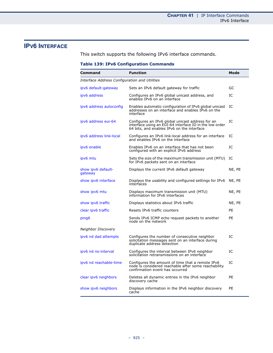 Ipv6 interface, Table 139: ipv6 configuration commands, Nterface | Microsens MS453490M Management Guide User Manual | Page 925 / 984