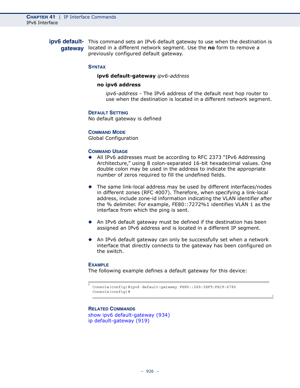 Ipv6 default-gateway, Ipv6 default-gateway (926) | Microsens MS453490M Management Guide User Manual | Page 926 / 984