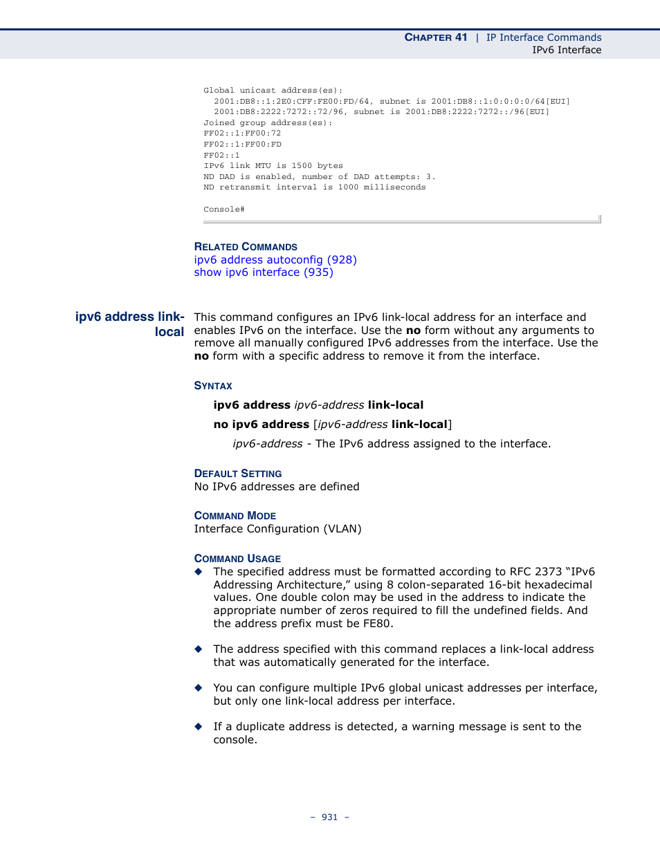 Ipv6 address link-local, Ipv6 address link- local | Microsens MS453490M Management Guide User Manual | Page 931 / 984