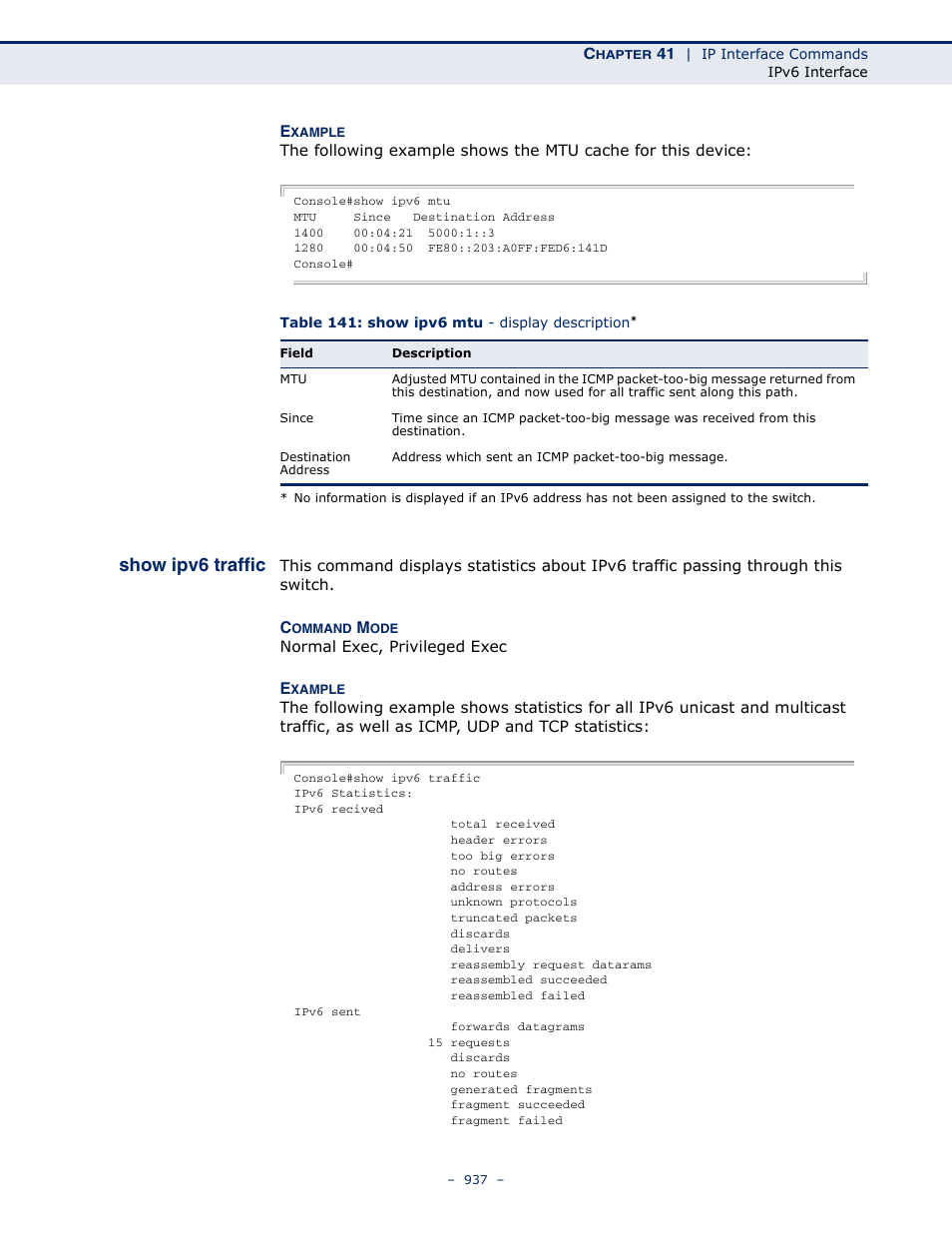 Show ipv6 traffic, Table 141: show ipv6 mtu - display description | Microsens MS453490M Management Guide User Manual | Page 937 / 984