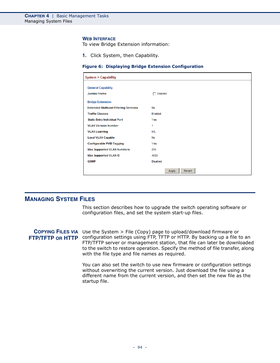 Managing system files, Copying files via ftp/tftp or http, Managing | Microsens MS453490M Management Guide User Manual | Page 94 / 984