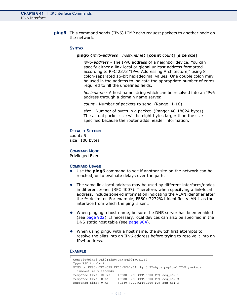 Ping6 942, Ping6 | Microsens MS453490M Management Guide User Manual | Page 942 / 984