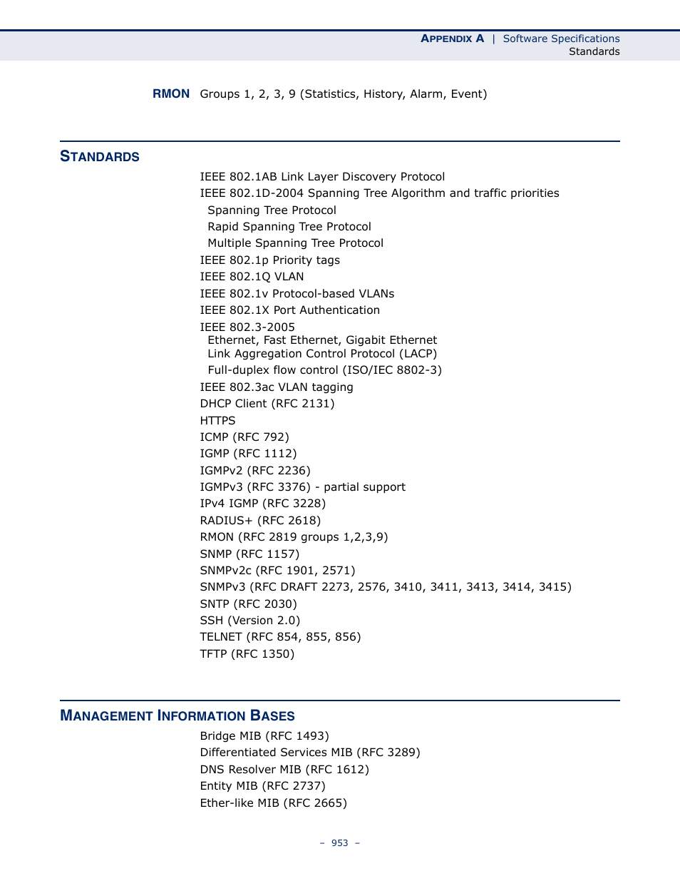 Standards, Management information bases, Standards 953 management information bases | Microsens MS453490M Management Guide User Manual | Page 953 / 984