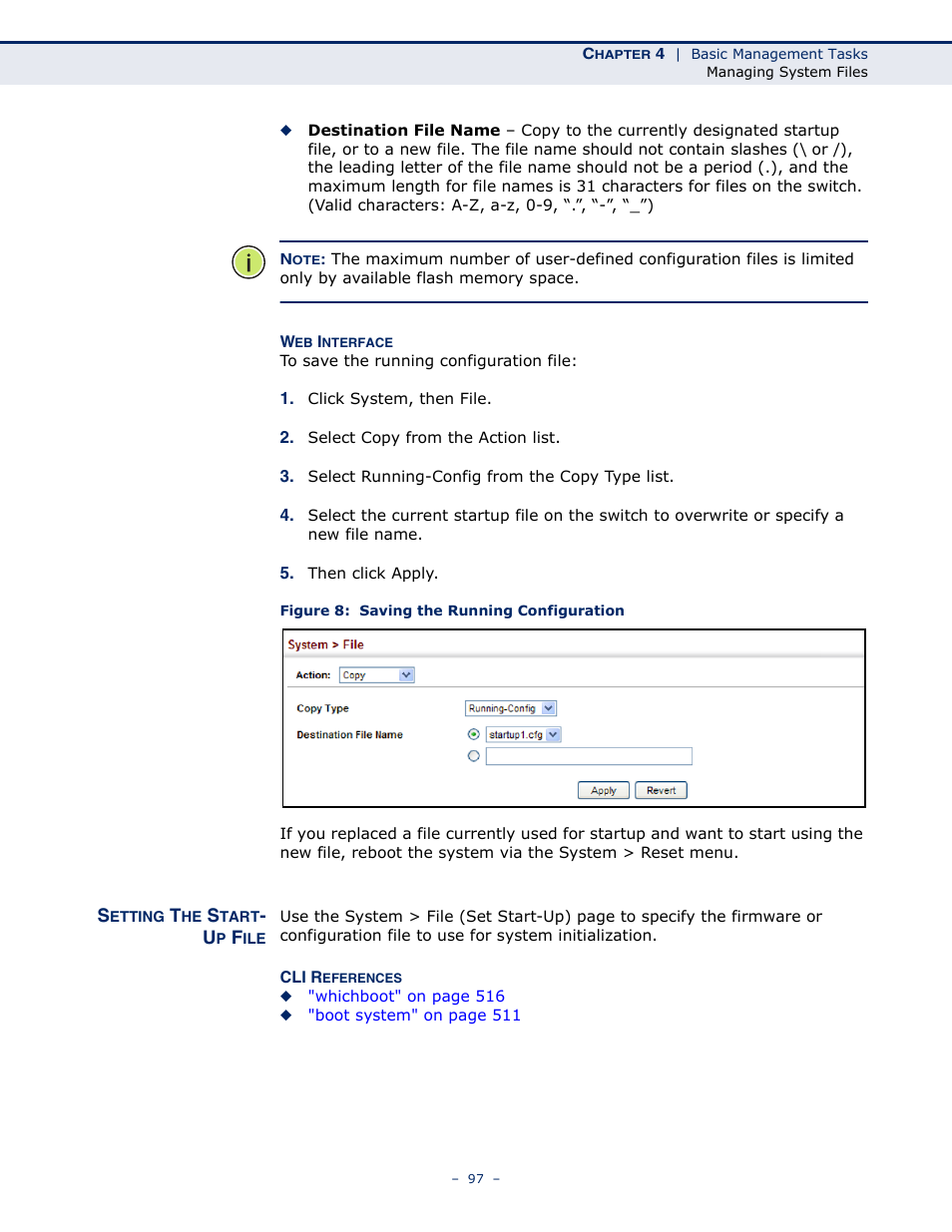 Setting the start- up file, Setting the start-up file, Figure 8: saving the running configuration | Microsens MS453490M Management Guide User Manual | Page 97 / 984