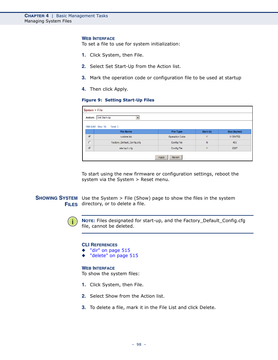 Showing system files, Figure 9: setting start-up files | Microsens MS453490M Management Guide User Manual | Page 98 / 984