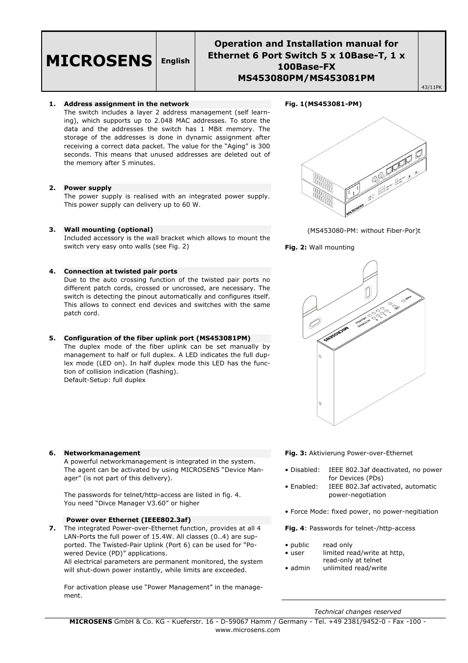 Microsens MS453080PM User Manual | 2 pages