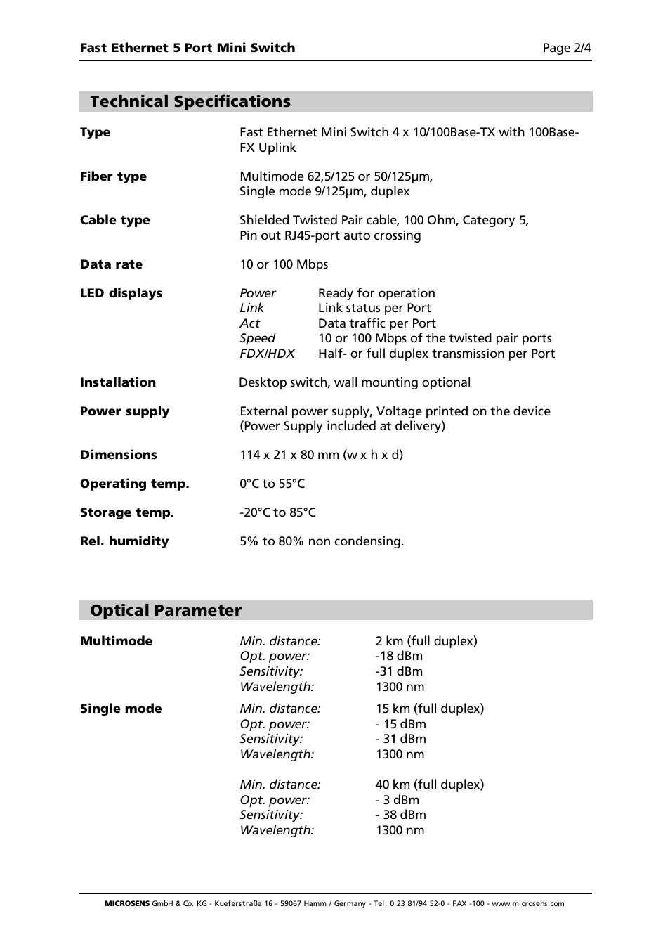 Technical specifications, Optical parameter | Microsens Fast Ethernet Desktop Switches User Manual | Page 2 / 4