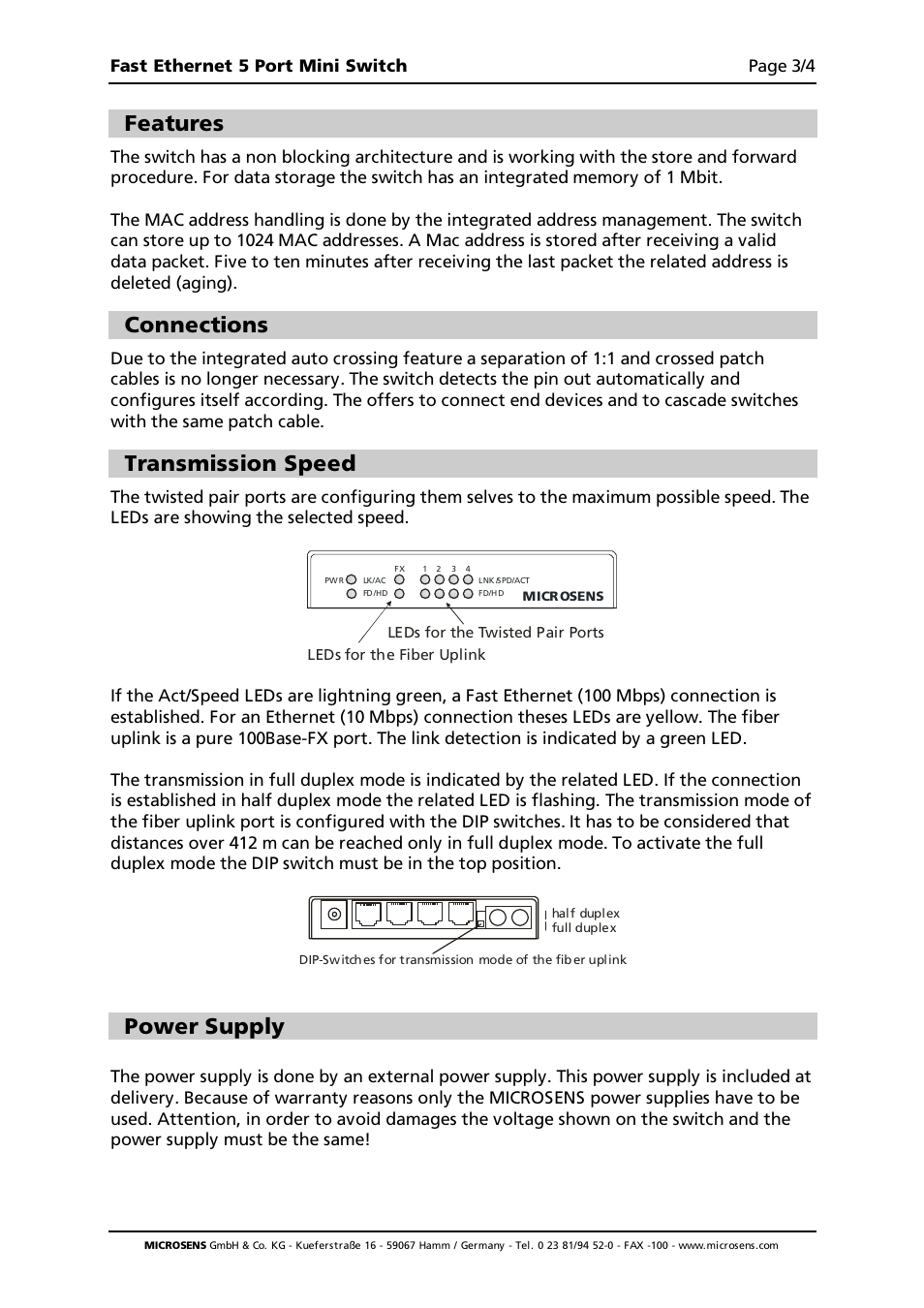 Features, Connections, Transmission speed | Power supply, Fast ethernet 5 port mini switch page 3/4 | Microsens Fast Ethernet Desktop Switches User Manual | Page 3 / 4