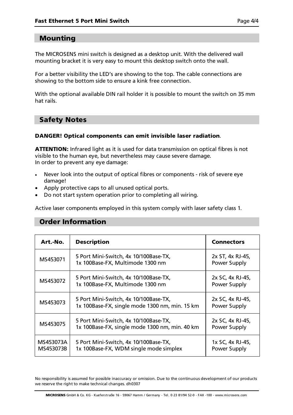 Mounting, Order information | Microsens Fast Ethernet Desktop Switches User Manual | Page 4 / 4