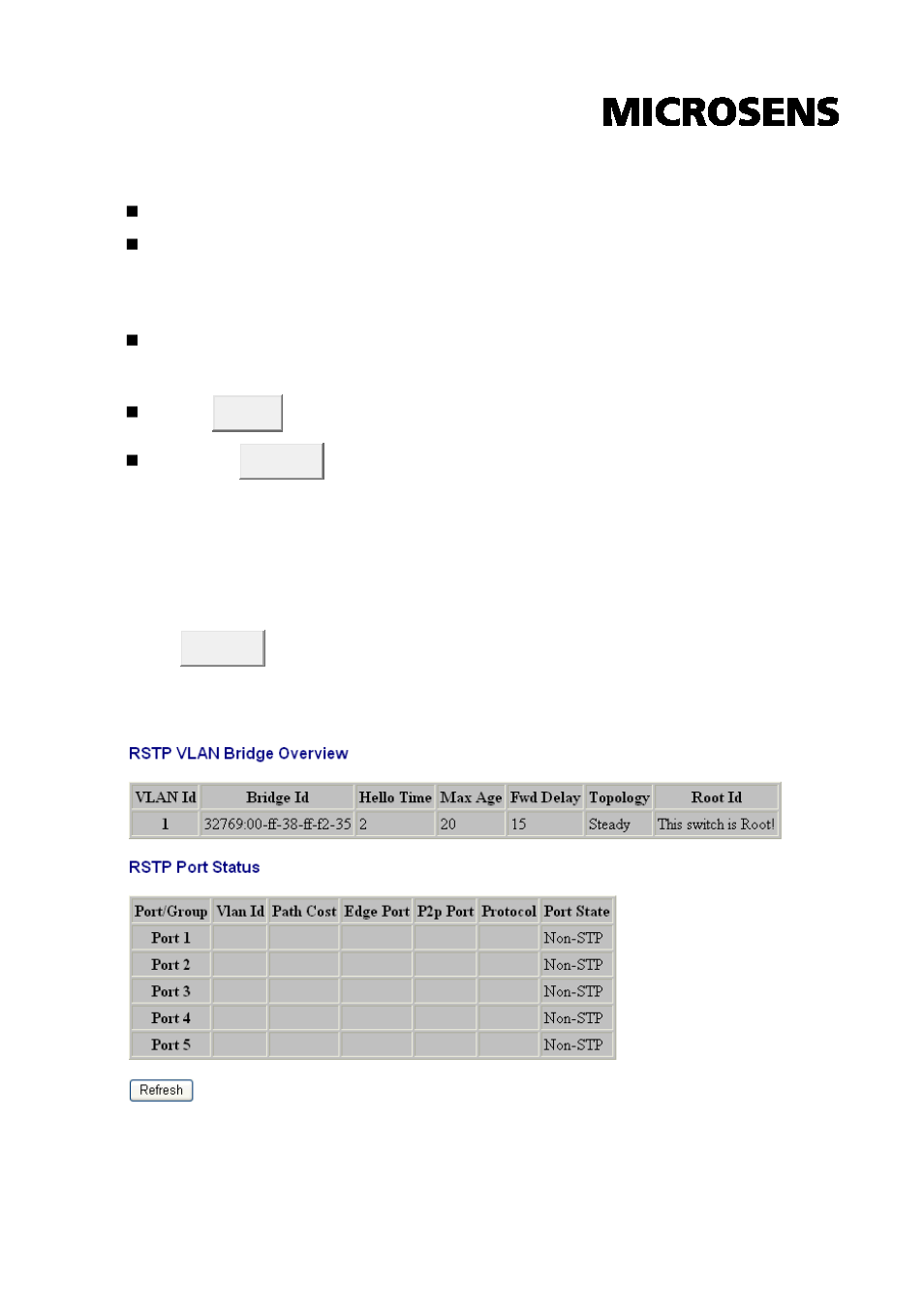 Rstp port configuration, Spanning tree status | Microsens MS453510M User Manual | Page 26 / 42