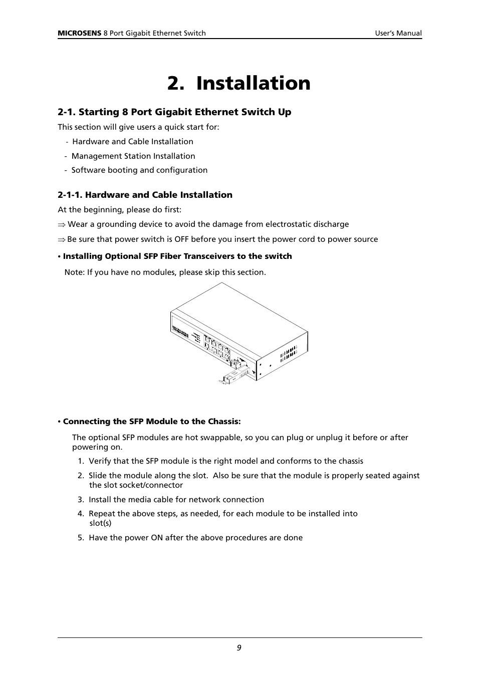 Installation, 1. s, Tarting | Igabit, Thernet, Witch, 1-1. hardware and cable installation | Microsens MS453522M User Manual | Page 14 / 237