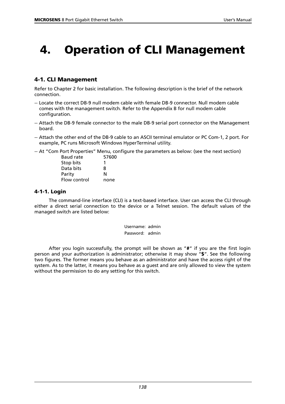 Operation of cli management, 1. cli m, Anagement | 1-1. login | Microsens MS453522M User Manual | Page 143 / 237
