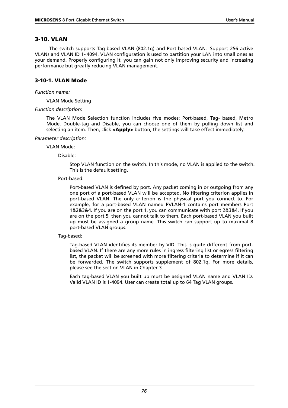 10. vlan, 10-1. vlan mode | Microsens MS453522M User Manual | Page 81 / 237