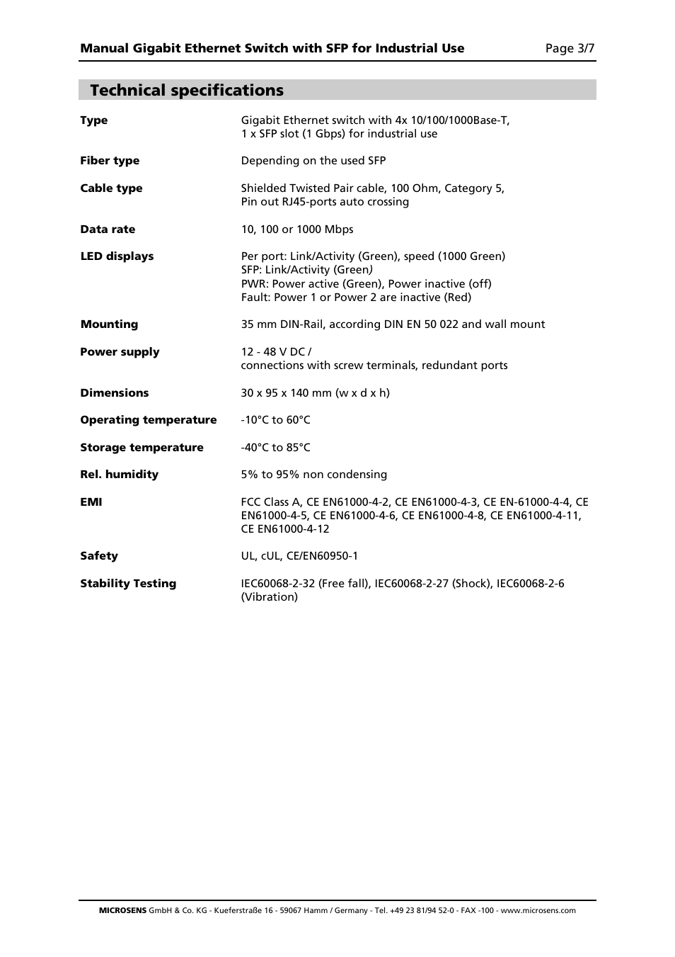 Technical specifications | Microsens MS655201 User Manual | Page 3 / 7