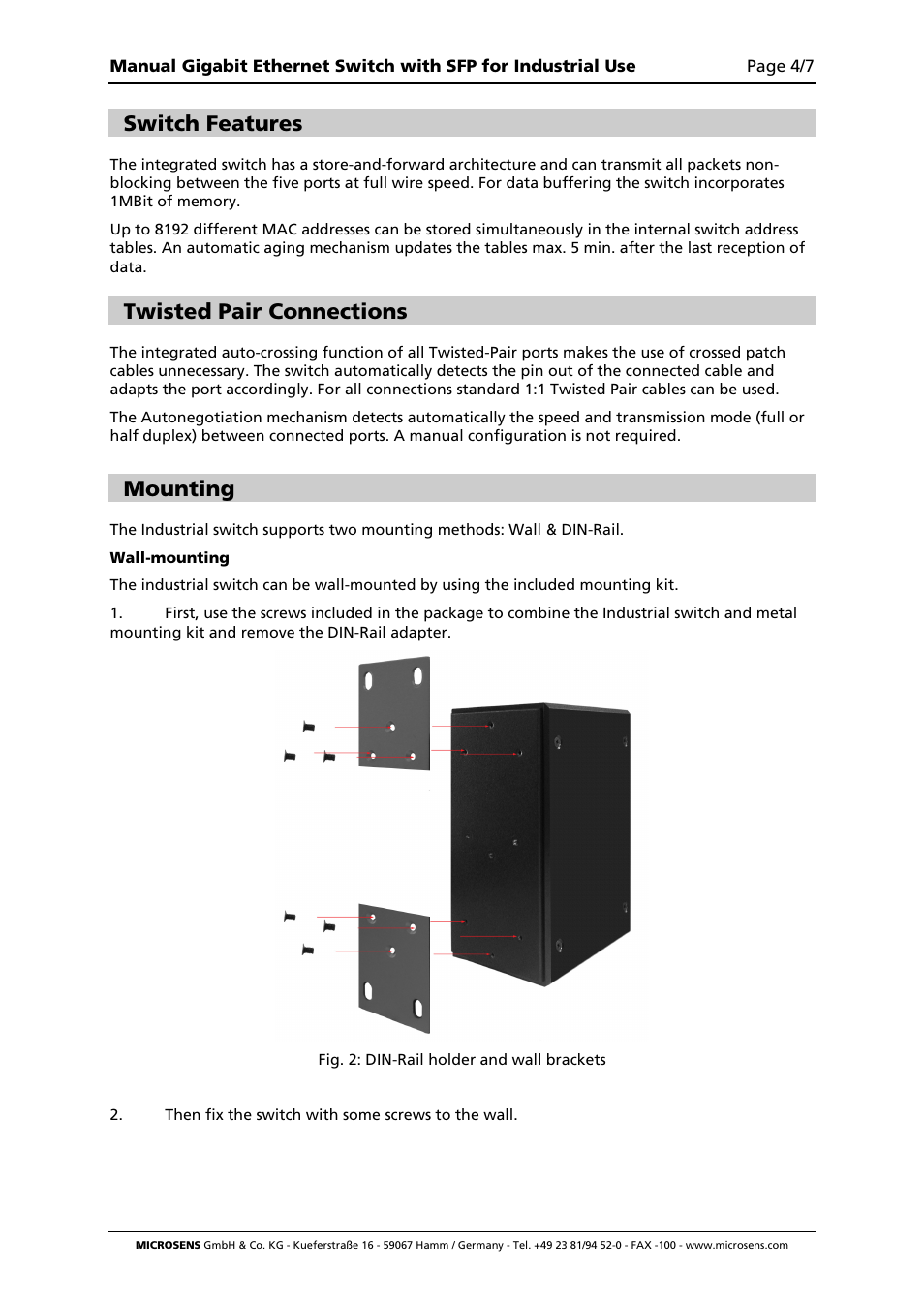 Switch features, Twisted pair connections, Mounting | Microsens MS655201 User Manual | Page 4 / 7