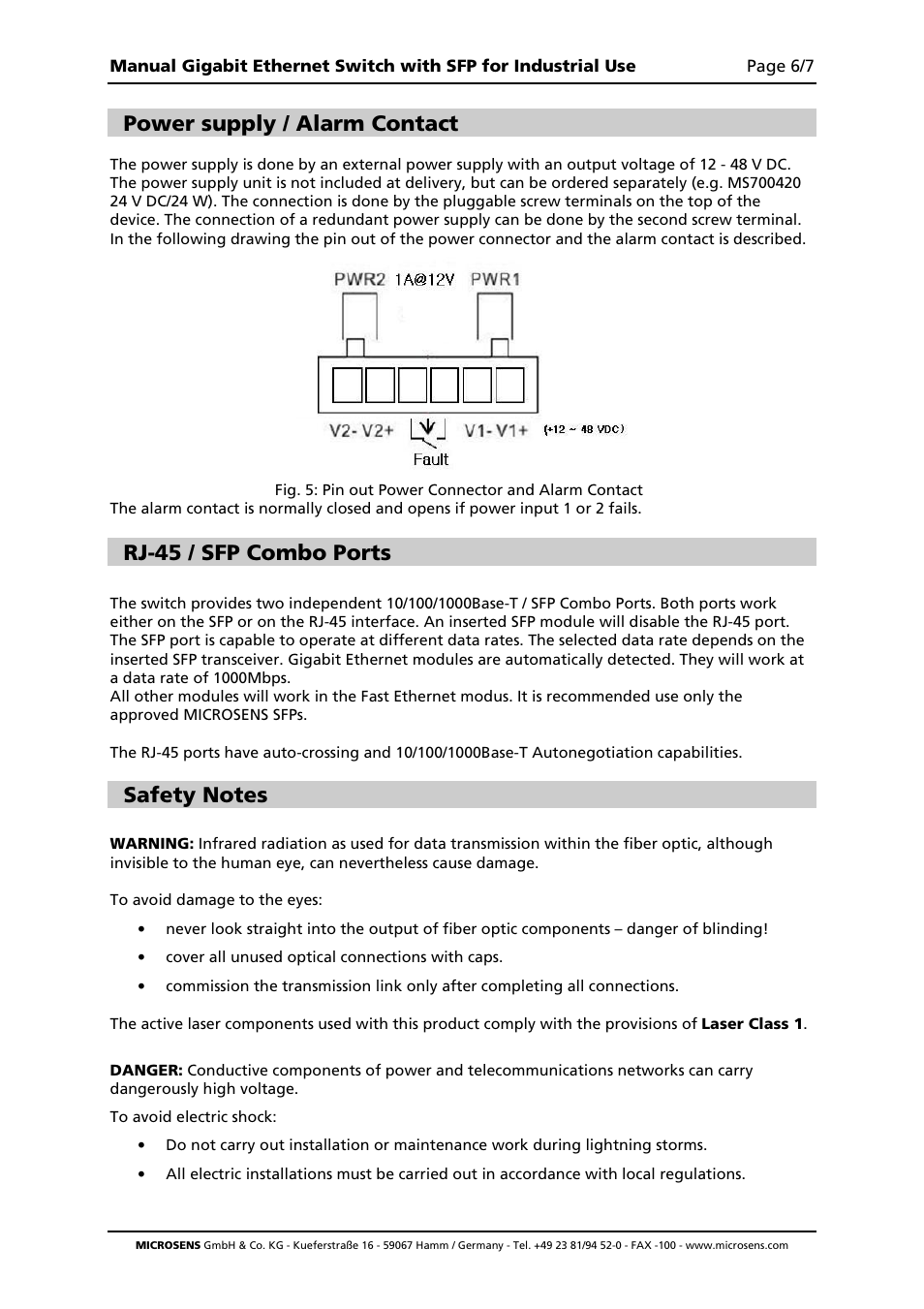 Power supply / alarm contact, Rj-45 / sfp combo ports | Microsens MS655201 User Manual | Page 6 / 7