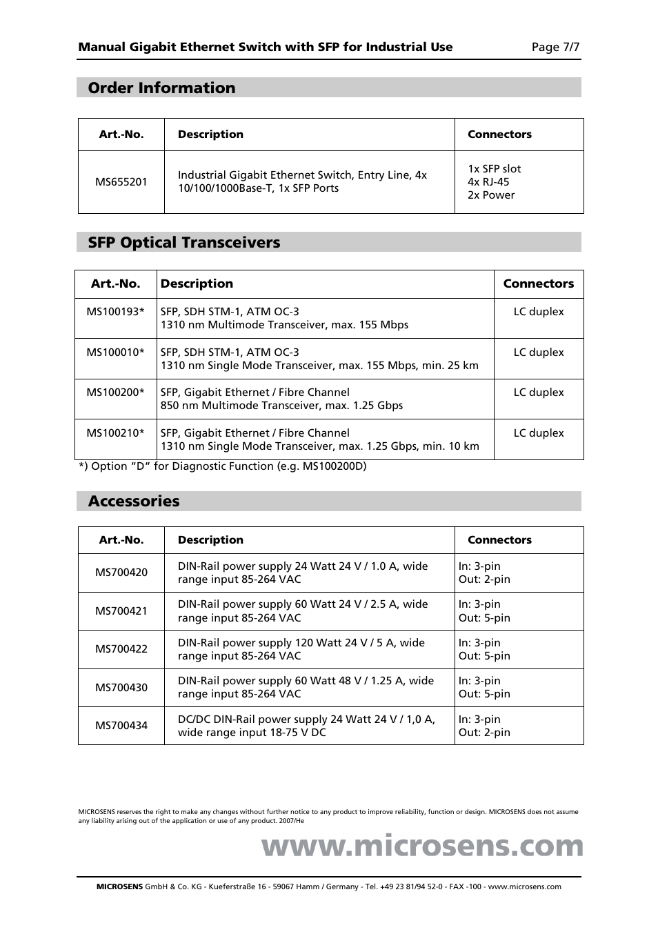 Order information, Sfp optical transceivers, Accessories | Microsens MS655201 User Manual | Page 7 / 7