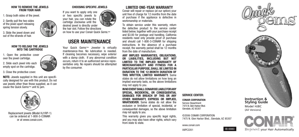 User maintenance, Bejewel, Limited one-year warranty | Conair Quick Gems Jeweler HJBC User Manual | Page 2 / 2