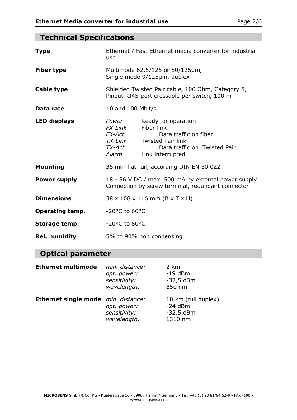 Technical specifications, Optical parameter | Microsens Ethernet Media Converter in industrial design User Manual | Page 2 / 7
