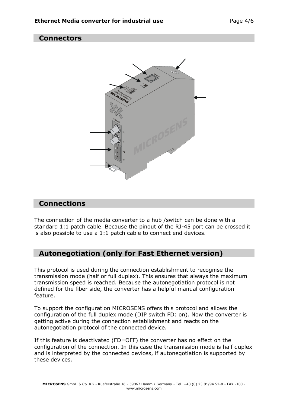 Connectors, Connections, Autonegotiation (only for fast ethernet version) | Microsens Ethernet Media Converter in industrial design User Manual | Page 4 / 7