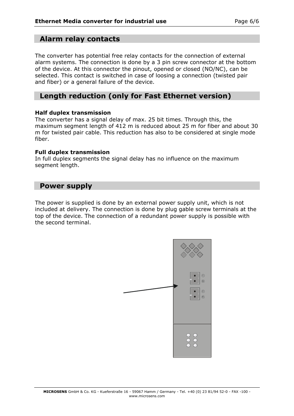 Alarm relay contacts, Length reduction (only for fast ethernet version), Power supply | Microsens Ethernet Media Converter in industrial design User Manual | Page 6 / 7