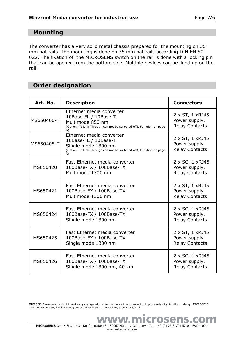 Mounting, Order designation | Microsens Ethernet Media Converter in industrial design User Manual | Page 7 / 7