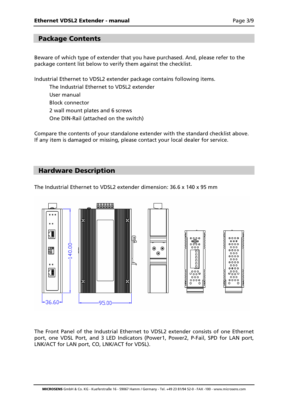 Package contents, Hardware description | Microsens MS655020X User Manual | Page 3 / 9