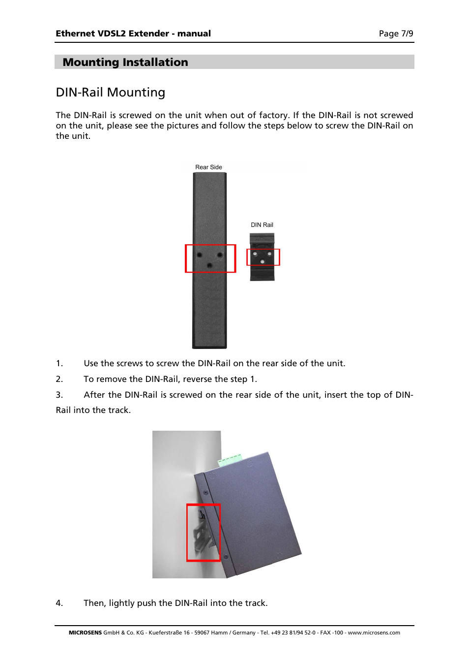 Din-rail mounting, Mounting installation | Microsens MS655020X User Manual | Page 7 / 9