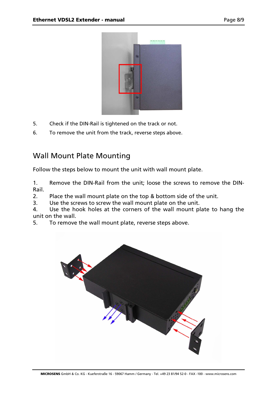 Wall mount plate mounting | Microsens MS655020X User Manual | Page 8 / 9