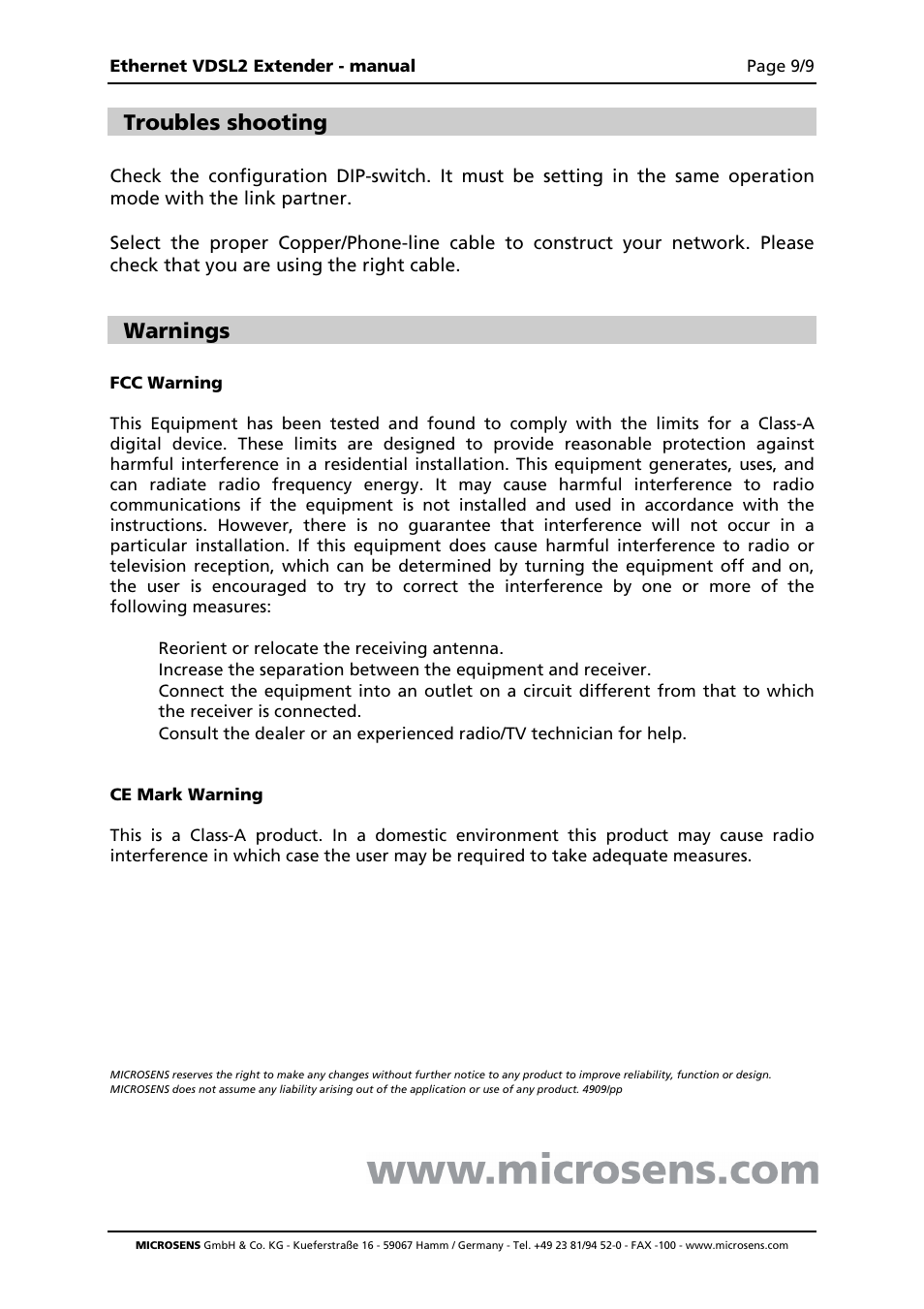 Troubles shooting, Warnings | Microsens MS655020X User Manual | Page 9 / 9