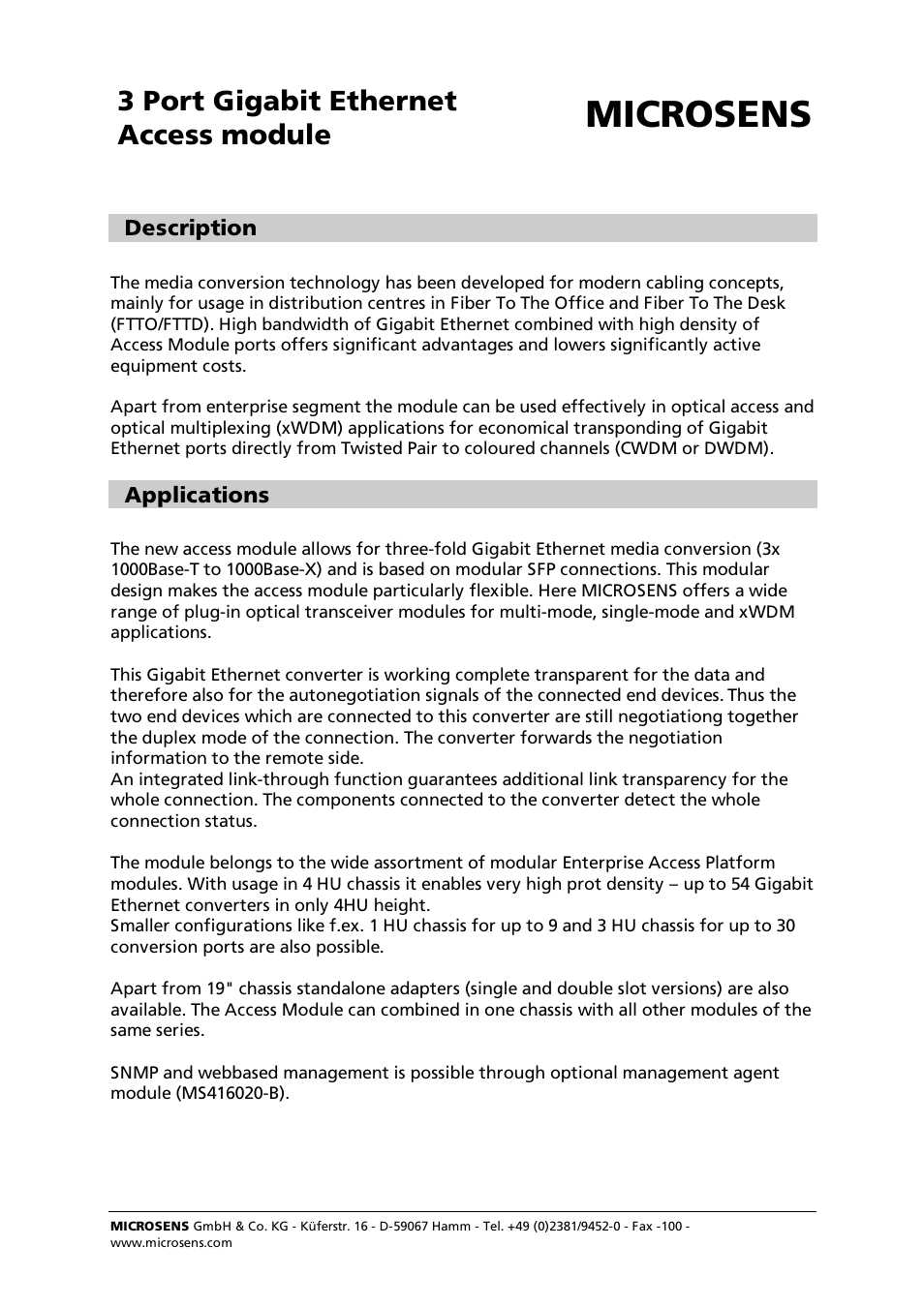 Microsens Gigabit Ethernet 3-port Converter Module 1000Base-T/X User Manual | 4 pages