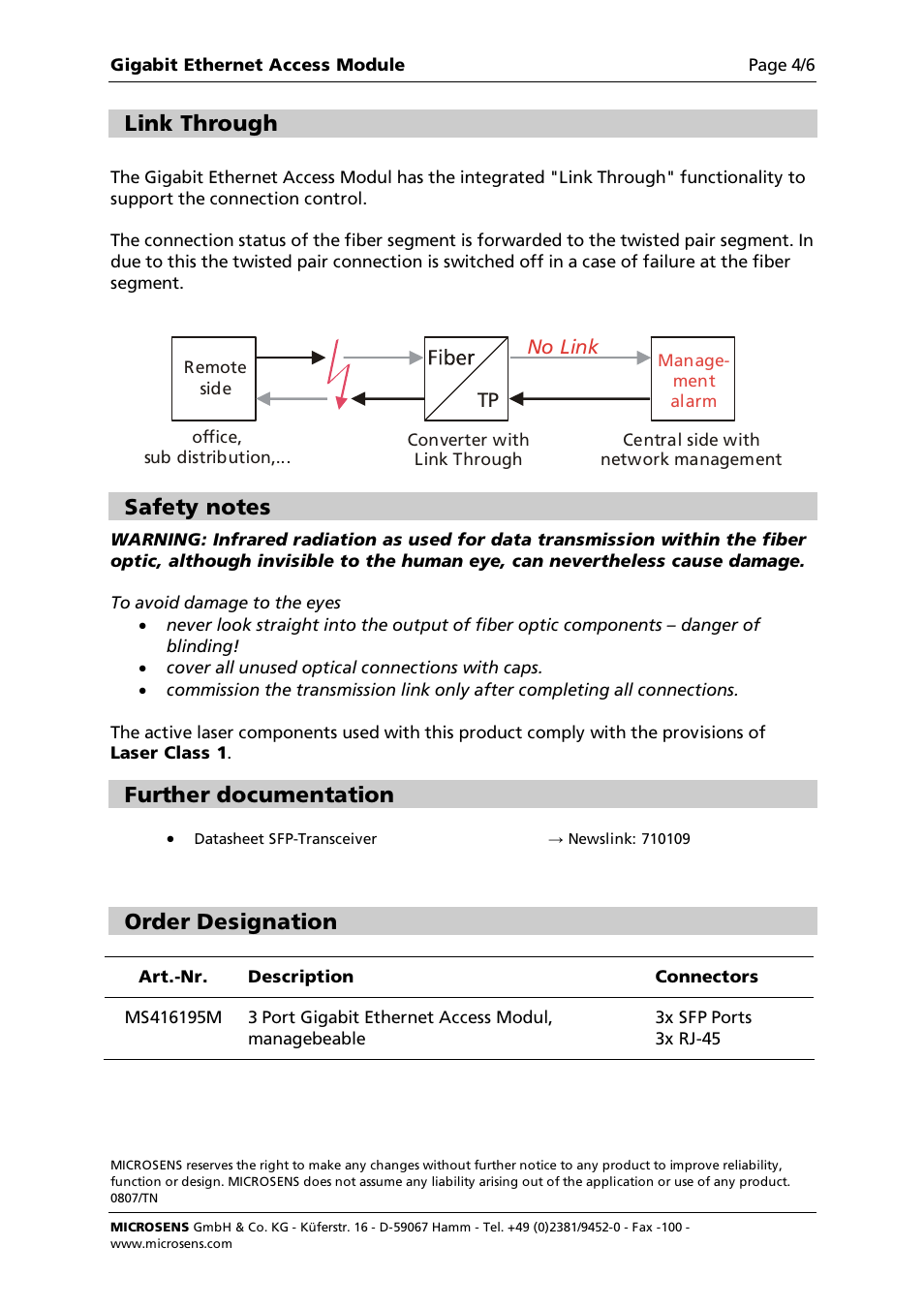 Link through, Further documentation, Order designation | Microsens Gigabit Ethernet 3-port Converter Module 1000Base-T/X User Manual | Page 4 / 4