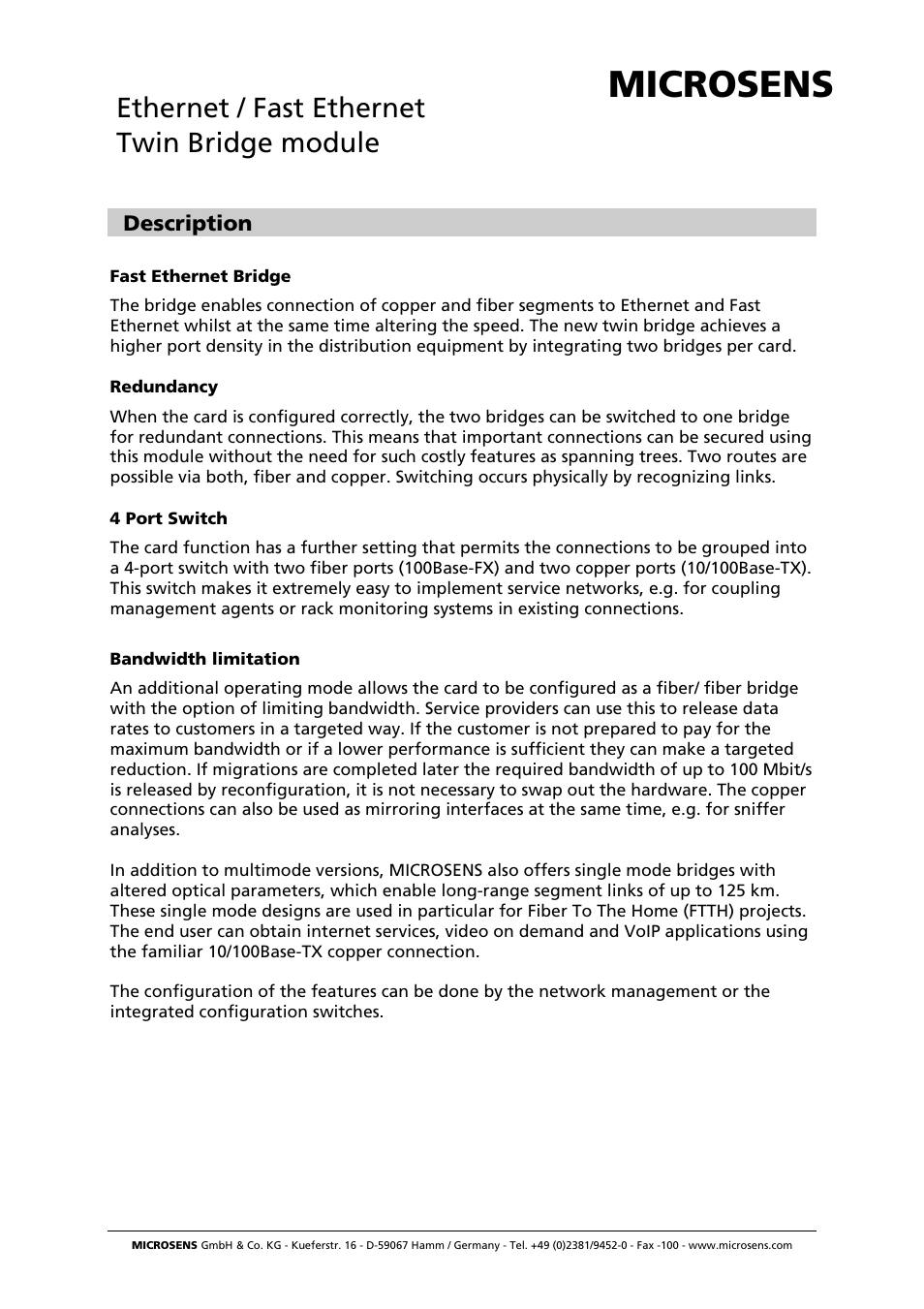 Microsens Fast Ethernet 2 Port Multifunction Bridge User Manual | 8 pages