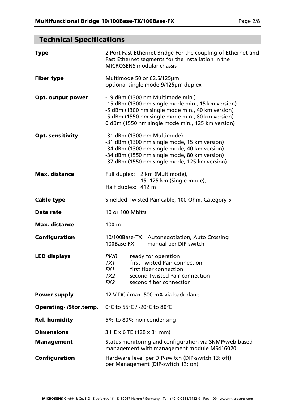 Technical specifications | Microsens Fast Ethernet 2 Port Multifunction Bridge User Manual | Page 2 / 8