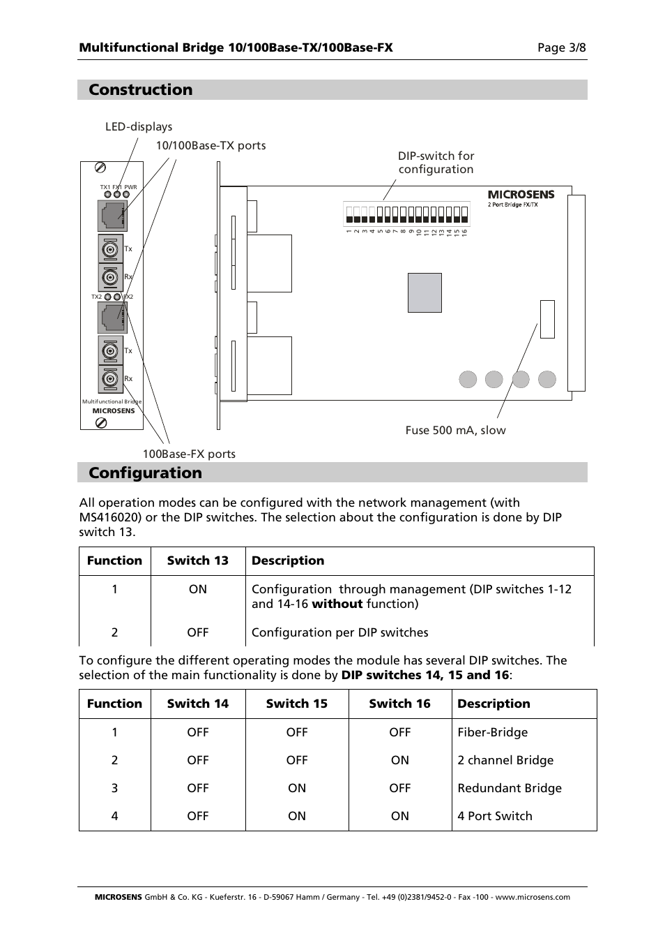 Construction, Configuration | Microsens Fast Ethernet 2 Port Multifunction Bridge User Manual | Page 3 / 8