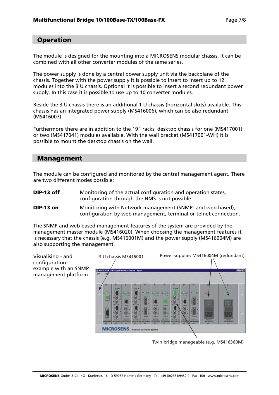 Operation, Management | Microsens Fast Ethernet 2 Port Multifunction Bridge User Manual | Page 7 / 8