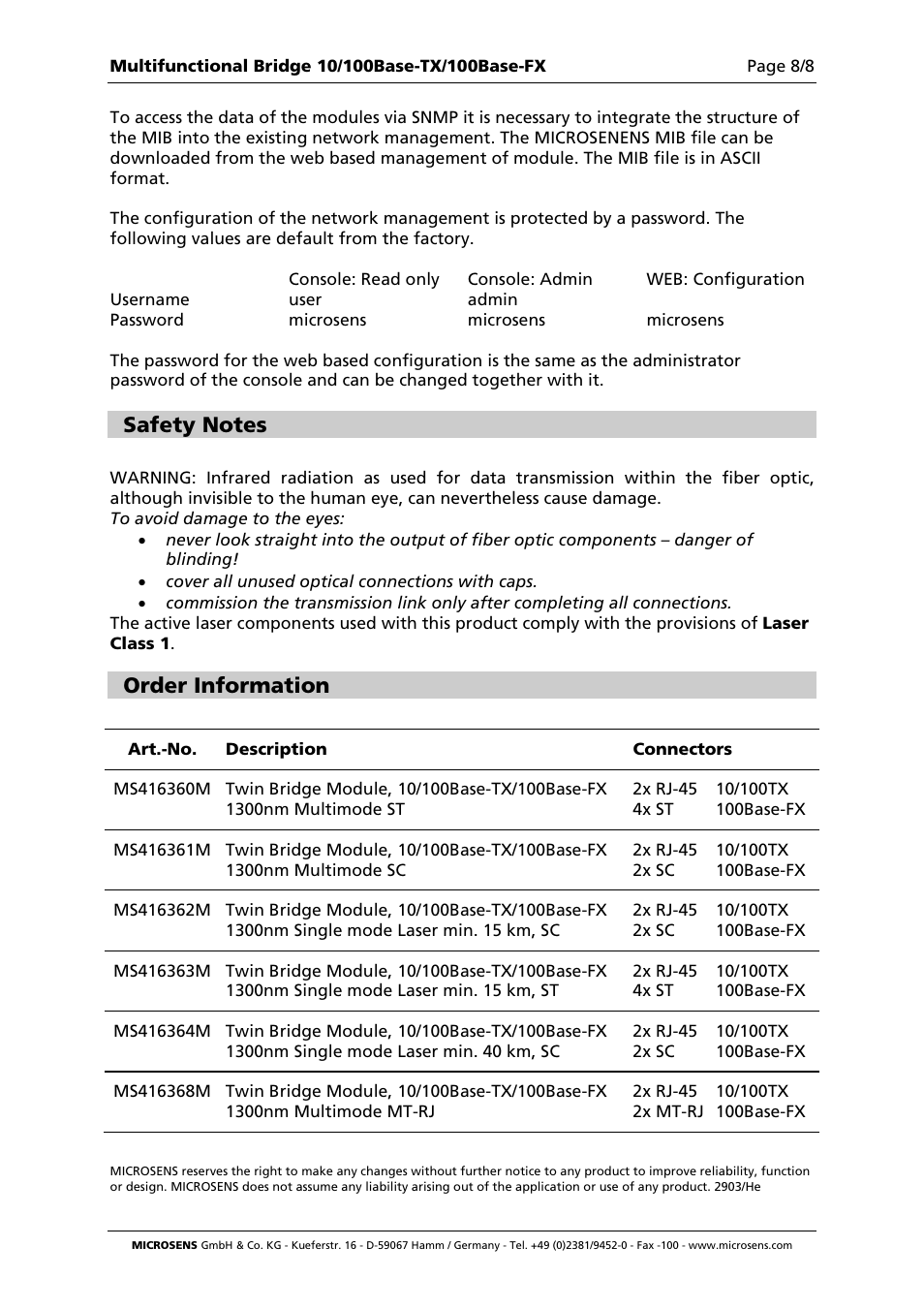 Order information | Microsens Fast Ethernet 2 Port Multifunction Bridge User Manual | Page 8 / 8