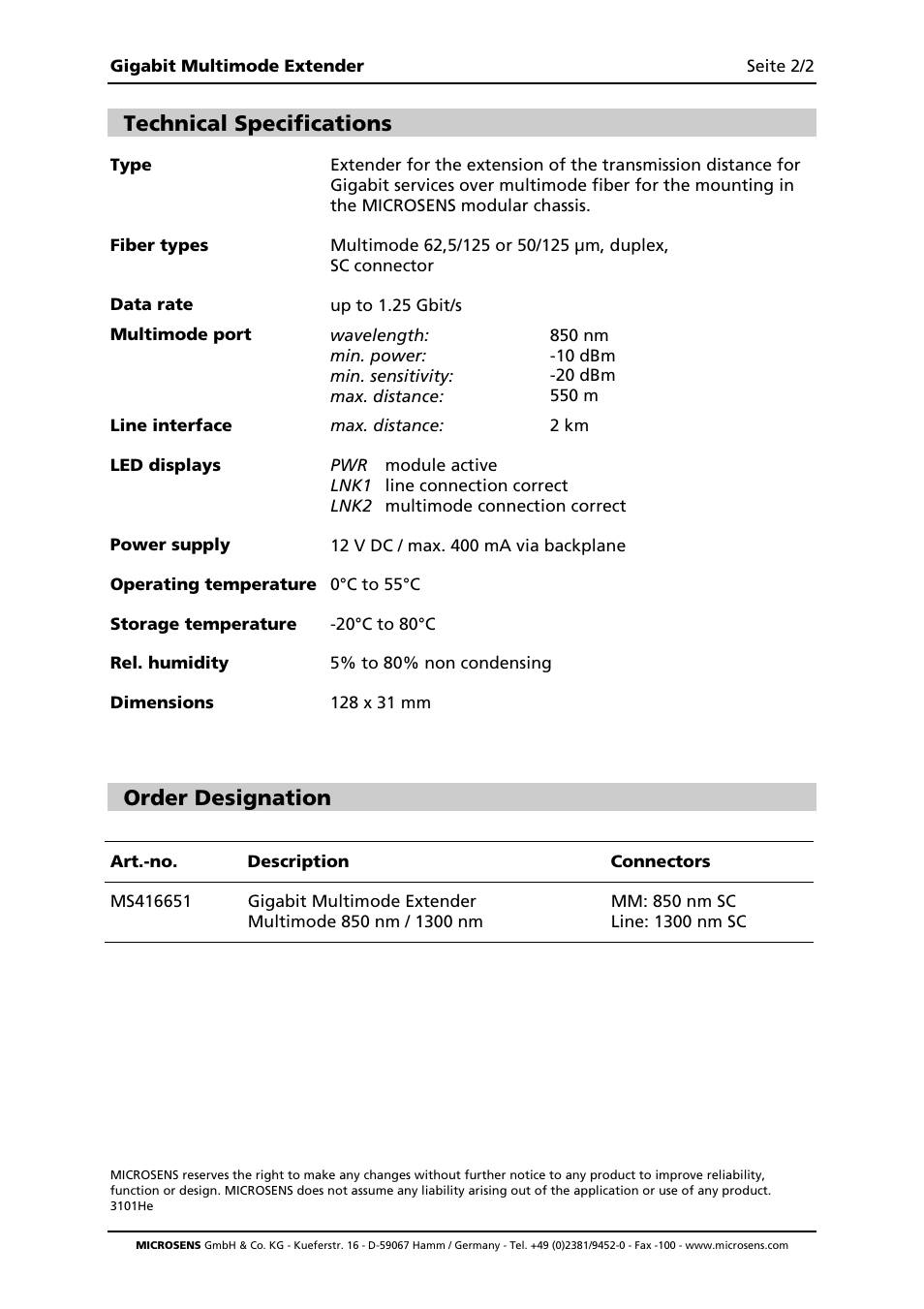 Technical specifications, Order designation | Microsens Gigabit Multimode Extender User Manual | Page 2 / 2