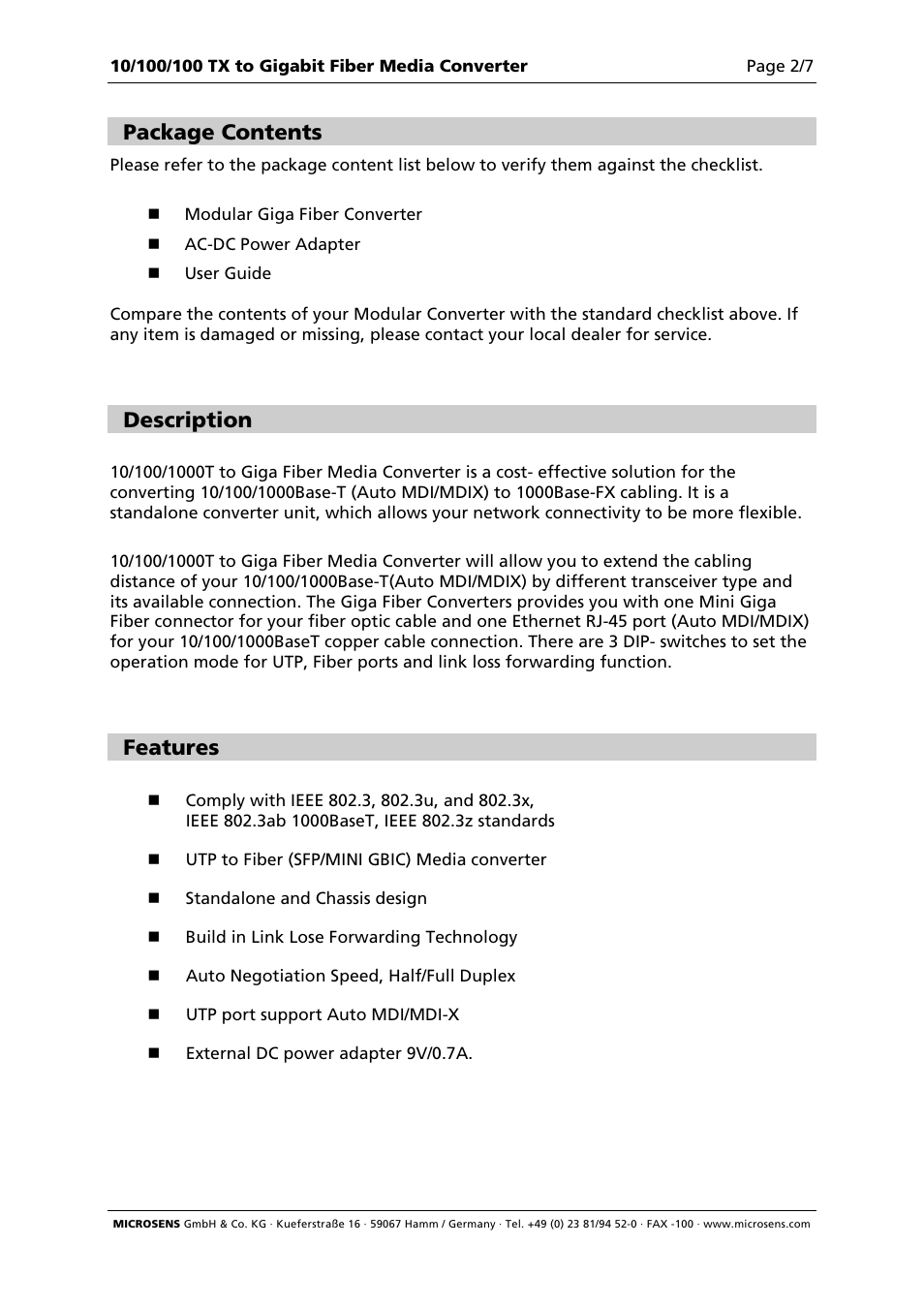 Package contents, Description, Features | Microsens MS400229 User Manual | Page 2 / 7