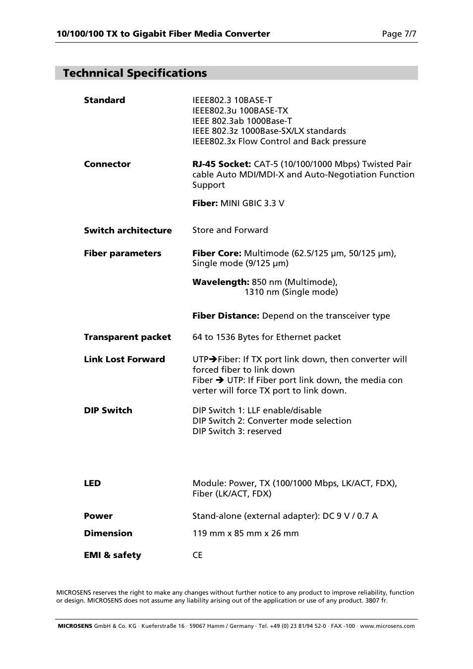 Technnical specifications | Microsens MS400229 User Manual | Page 7 / 7