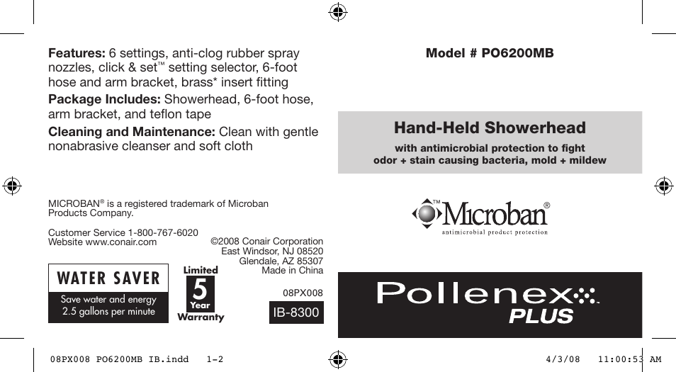 Conair Pollenex PO6200MB User Manual | 2 pages