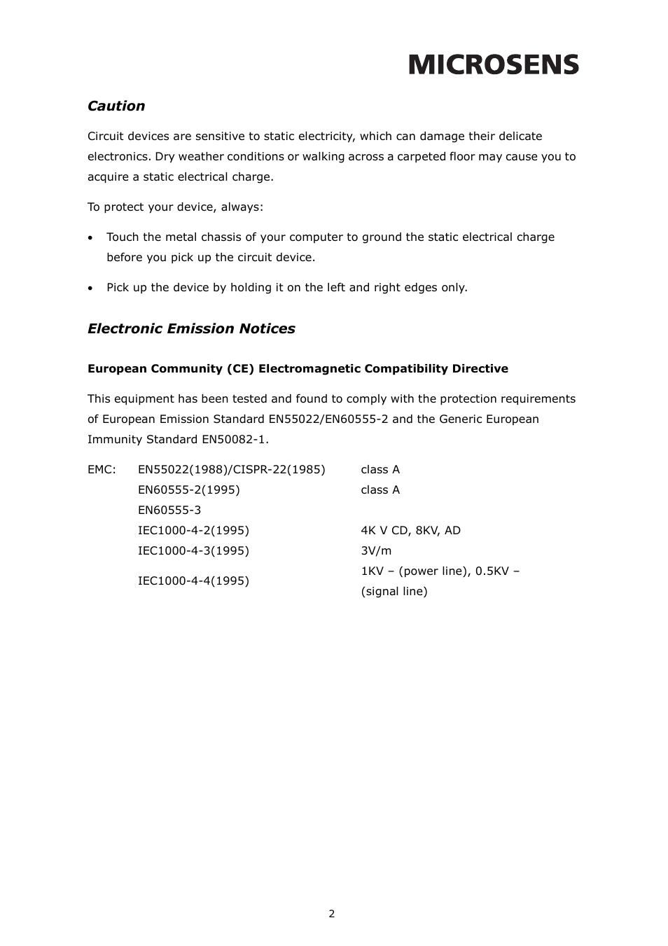 Caution, Electronic emission notices | Microsens RS-232 User Manual | Page 3 / 9